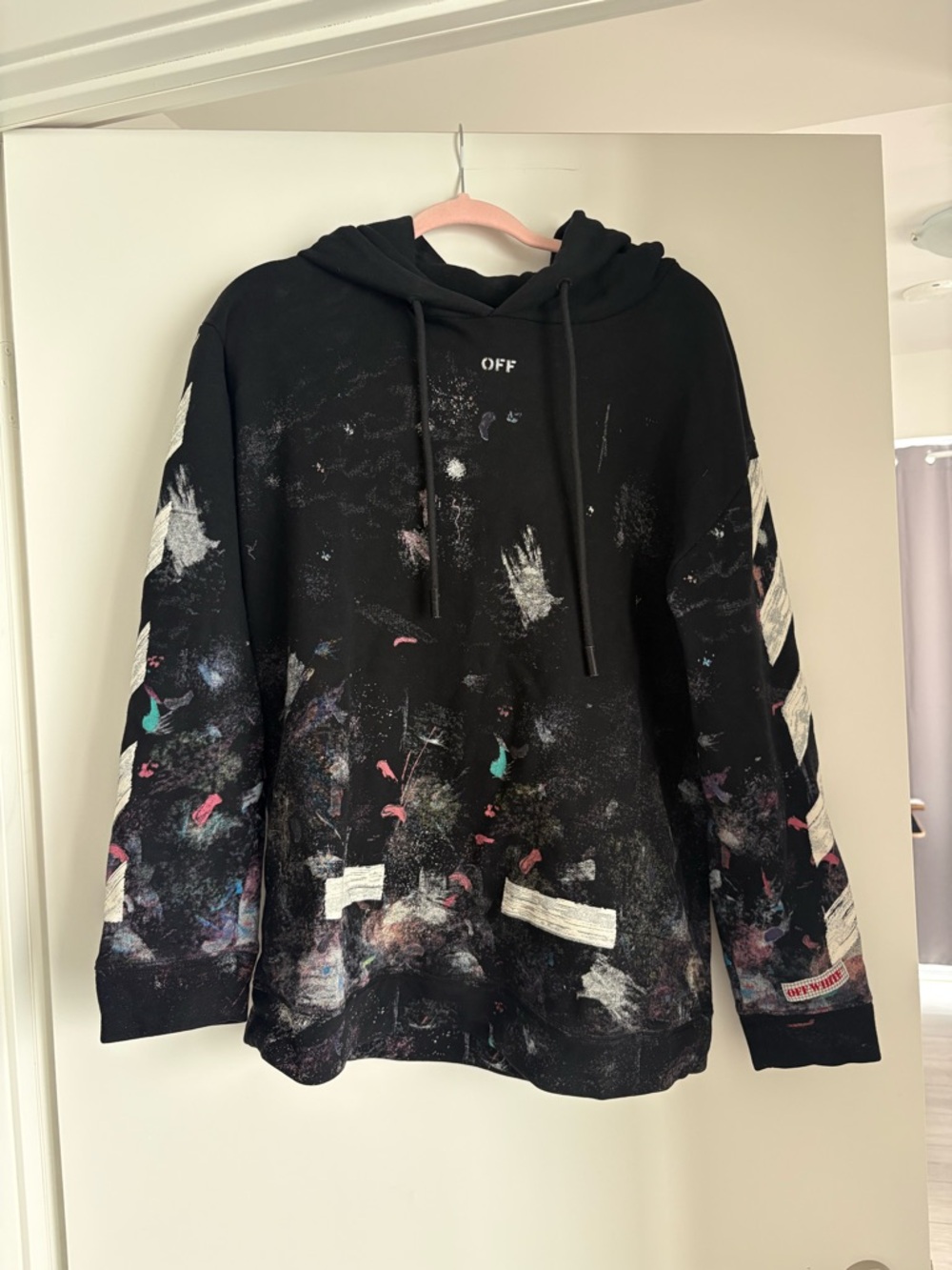 Off-White Black Graphic Paint Hoodie with White Stripes